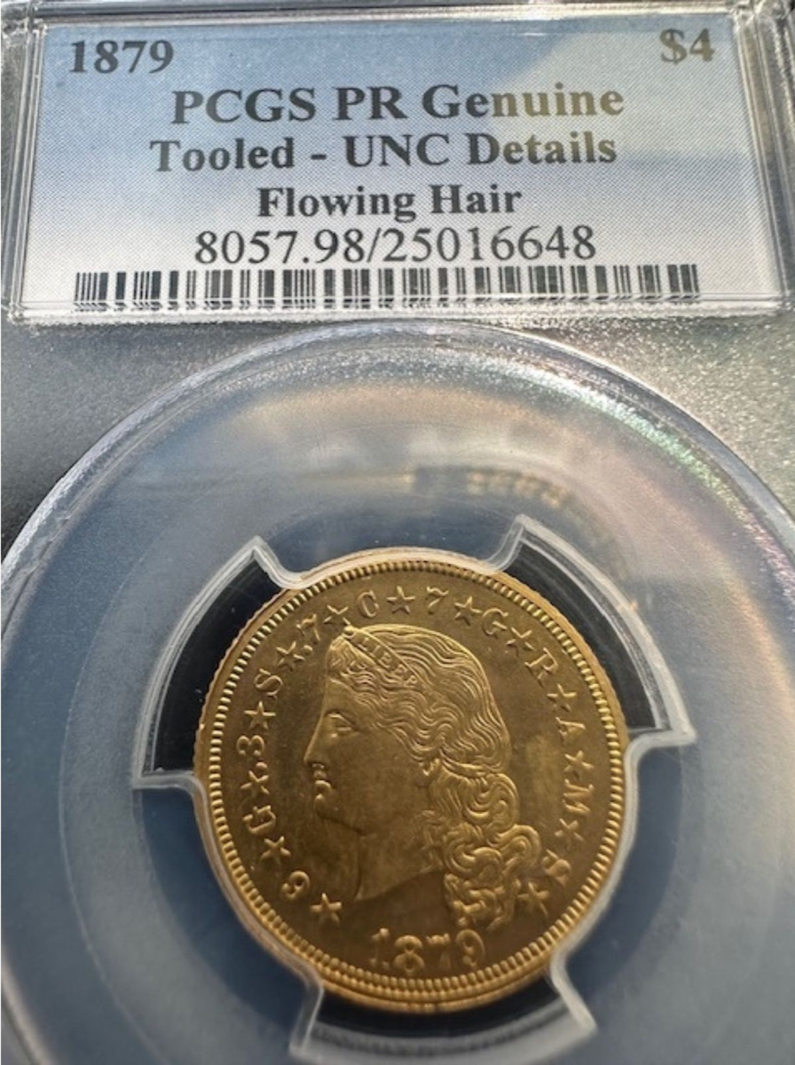 1879 $4 Flowing Hair Stella PCGS Genuine (Tooled) UNC Details