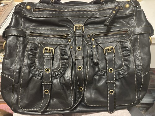 Hype Genuine Leather Handbag with Front Pockets Vintage Black