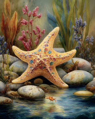 8x10 Cozy Storybook Starfish in Water Rocks Flowers Art Print - 782123878