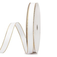 White Double Faced Satin Ribbon with Gold Edge, 3/8' Polyester, 50 Yards, Wid...
