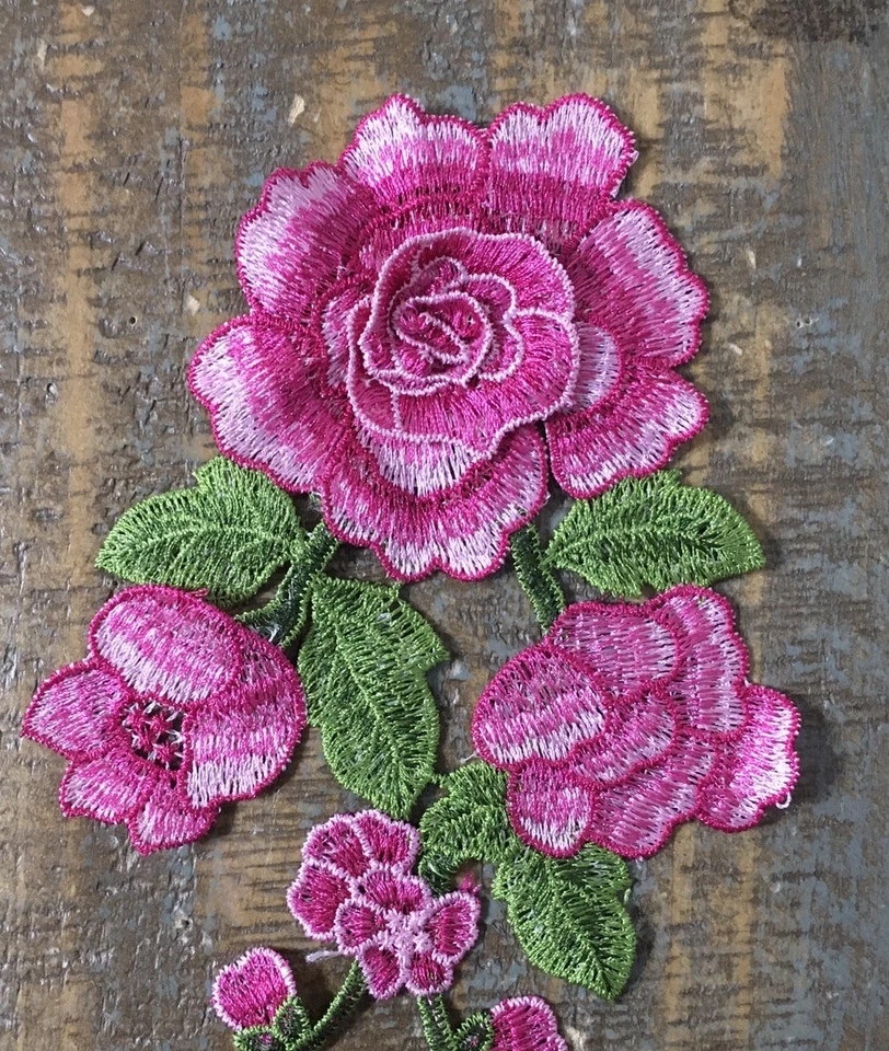 LONG STEM PINK ROSE Flower Plant Floral Roses Buds Garden Applique Patch 12X5 - Image 2 of 4