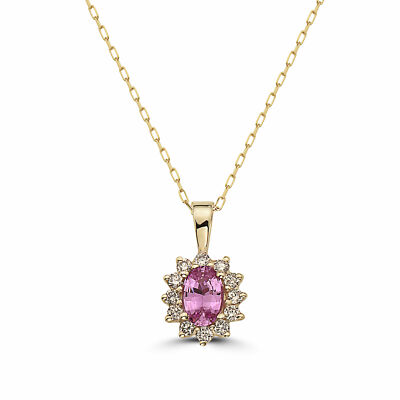 Geburtsstein 14K Gelbgold rosa Saphir nude Diamant 0,74 cts Anhänger Halskette