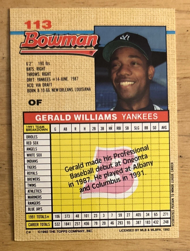 1992 Bowman Gerald Williams Rookie Card RC #113 Yankees OF VG O/C & Corner Dings - Image 2 of 2