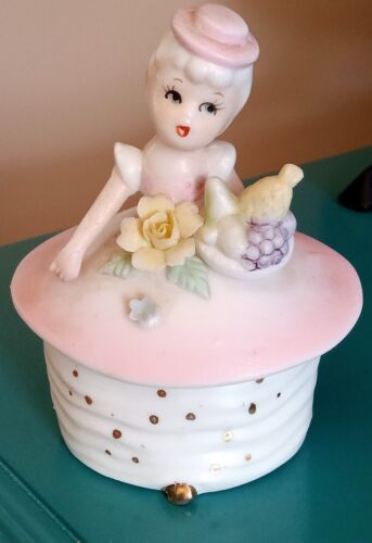 Vintage 50s Lefton Long Lashed Girl Ceramic Kitsch Trinket Jewelry Box w/ Label