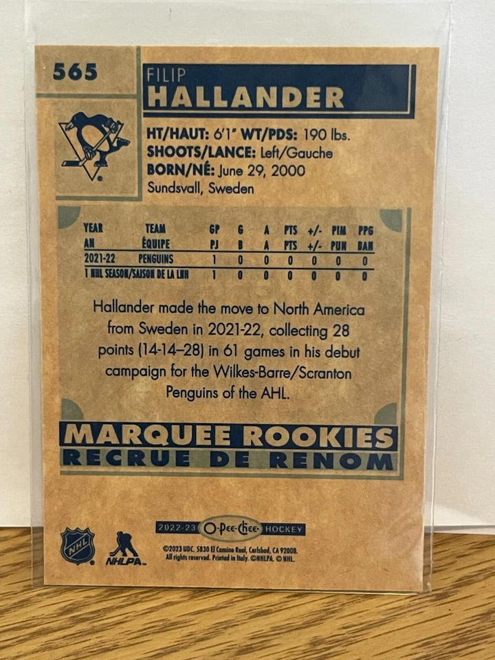 2022-23 O-Pee-Chee Marquee Rookie Retro Parallel Filip Hallander #565 - Image 2 of 2