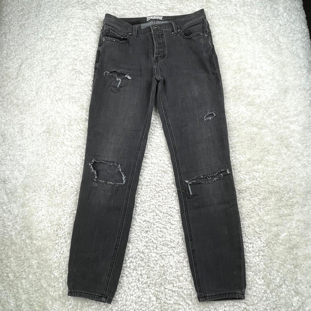 Free People Fishnet Patch Skinny Jean Button Fly Washed Out Black Womens 26