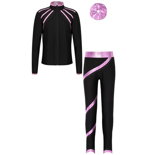 Kids Girls Jacket 2 PCS Activewear Metallic Sweatshirt Shiny Uniform Gymnastics - Picture 22 of 57