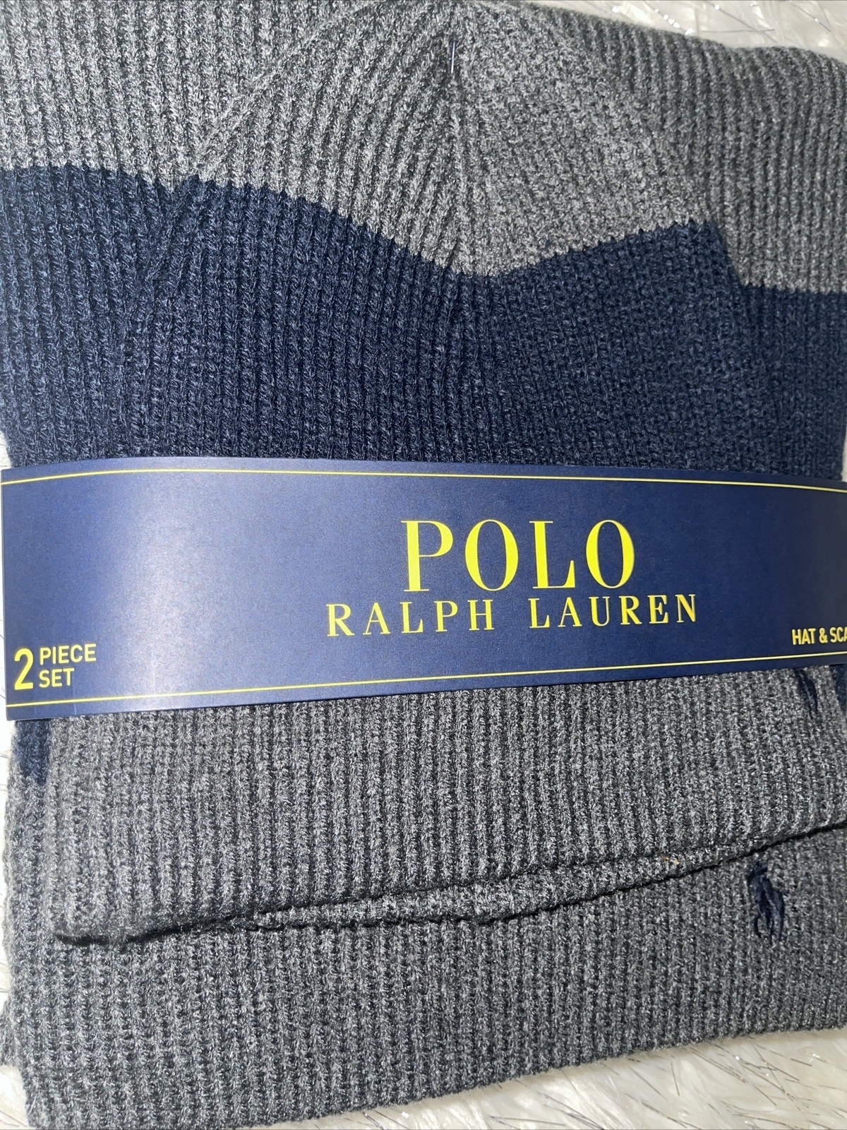 Set cappello e sciarpa polo Ralph Lauren grigio e blu navy pony ricamato NUOVO