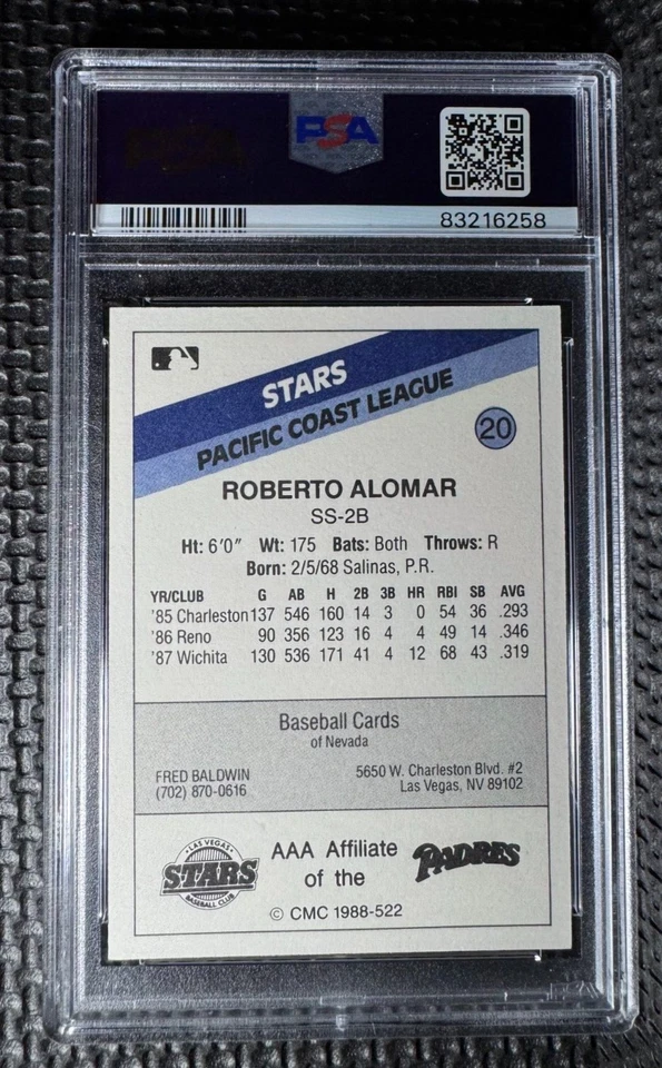 Tarjeta de ligas menores estrellas CMC Las Vegas 1988 de la corte Roberto Alomar #20 PSA casi nueva-como nueva 8 Foto 2 de 2