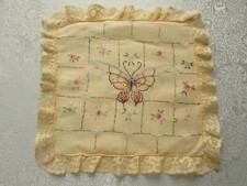 Vintage 30's Organdy Throw Pillow Yellow Cover Embroidered Butterfly & Flowers