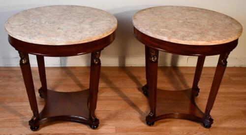 1930 French Empire Mahogany & Marble top pair of side tables /  end tables - Picture 1 of 13