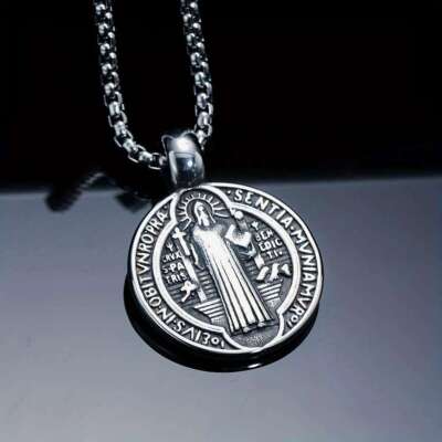 Saint St Benedict Medal Necklace Pendant Stainless Steel Crucifix Cross Exorcism