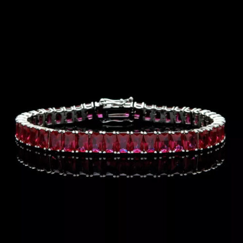 8.00Ct Emerald Cut Lab-Created Ruby Tennis Bracelet 14K White Gold Plated - Picture 2 of 4