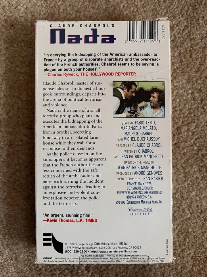 Nada 1974 VHS ConnoisseurVideo Claude Chabrol Fabio Testi French w English subs - Image 2 of 4