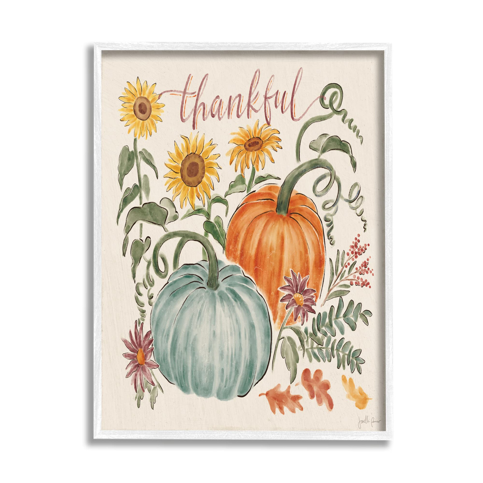 Thankful Sentiment Pumpkin Pair Yellow Sunflower Florals White Framed Wall Ar...