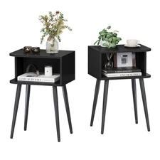 Black Nightstand Set of 2, Small Bed Side Table for Small Spaces, Mid Century...