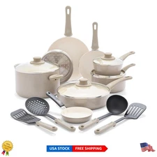 16-Piece Nonstick Cookware Set - Taupe PFAS-Free Ceramic for Healthy Cooking