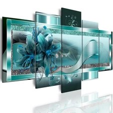 Turquoise Orchid Flowers Canvas Print - Abstract Green Floral Poster, Blue Wa...
