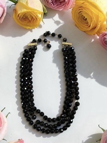 Vtg Triple Strand Jet Facet Glass Beads Rhinestone Connectors Necklace Elegant