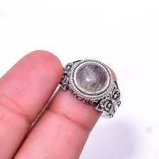 Black Rutilated Quartz - Brazil Solitaire 925 Sterling Silver Ring s.8 Sku8