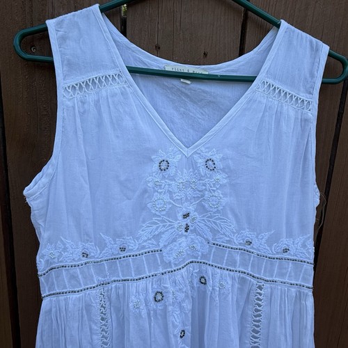 Maxi abito da sposa spiaggia in pietra focaia e muschio cotone ricamato taglia small boho hippie - Foto 2 di 9