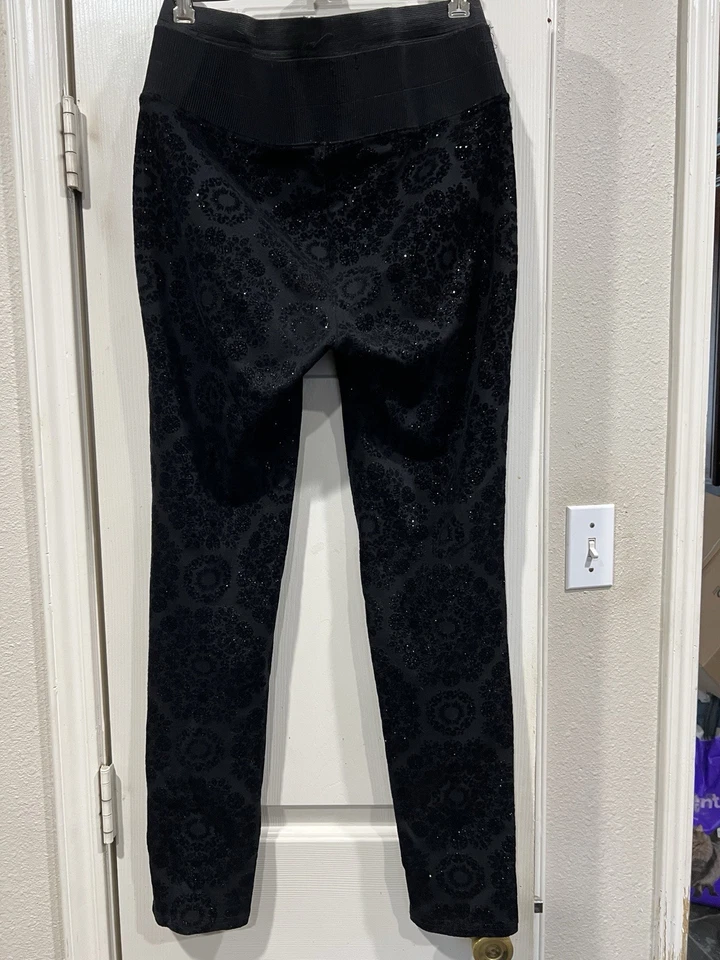 Copper Key L Black Flocked Velvet Glitter Pants Stretch Pull On Dressy Evening - Image 2 of 4