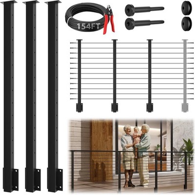 Gyykzz 42  Black Side Mount Cable Railing Kit 3 Posts 154ft Cable New, Open Box