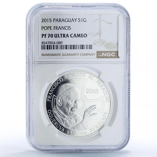 Paraguay 1 guarani Papal Visit Pope Francis Religion PF 70 NGC silver coin 2015