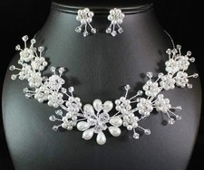 WEDDING PEARL N CLEAR AUSTRIAN RHINESTONE CRYSTAL NECKLACE EARRINGS SET N1439