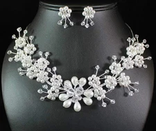 WEDDING PEARL N CLEAR AUSTRIAN RHINESTONE CRYSTAL NECKLACE EARRINGS SET N1439