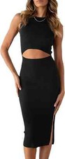 NWT Pretty Garden Midi Bodycon Dress XL Womans Black Ribbed Sleeveless Cut Out