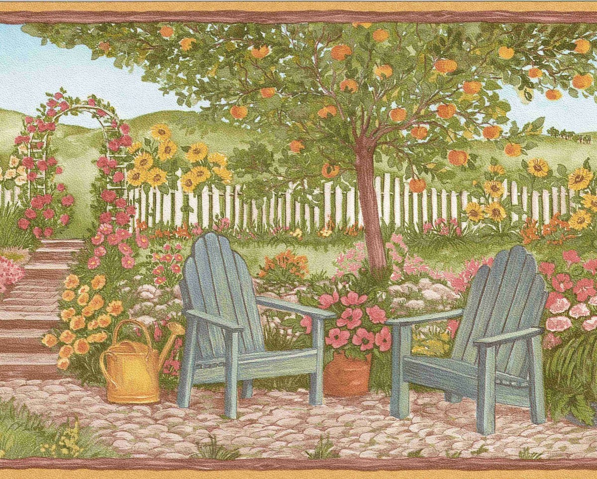 GARDEN FLOWERS PATIO FOUNTAIN WALLPAPER BORDER B7085 | eBay