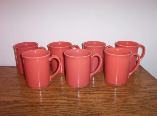 Set of 7 Vintage Corning Ware Coral Pink Salmon Coffee Cups Mugs Corelle USA