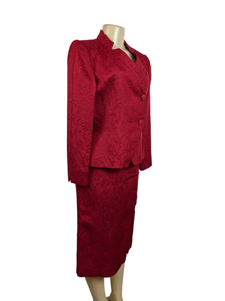 Traje Blazer De Colección Christian Dior Para Mujer Rojo Floral Falda y Sin Cuello Talla 6 Foto 3 de 4