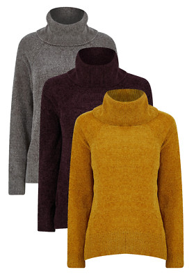 Damen Pullover hochgeschlossen Rollkragen Chenille weich Strick grau gelb weinrot