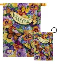 Pansies With Butterflies Garden Flag Bugs Frogs Colorful Blooming House Banner