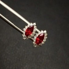 2Ct Marquise Cut Lab-Created Red Ruby Halo Stud Earrings 14k White Gold Plated