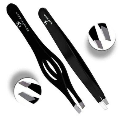 BEAUTYTRACK Eyebrow Tweezers Set Hair Plucking Slanted Tip For Men & Women Stainless Steel