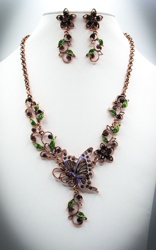 Copper Tone Necklace and Earring Set with Crystals and Floral Butterfly Design