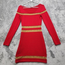 HERA USA Dress Womens M Red Gold Metallic Sheer Stripe Bandage Knit Bodycon