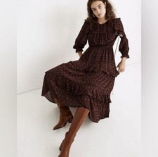 Madewell Black Pink Floral Chiffon Ruffle Maxi Dress XXL Long Sleeve
