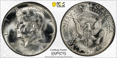 1964 Kennedy Half Dollar 90% Silver PCGS MS64 w/TrueView. Blast White