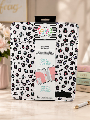 The Happy Planner Planner Zip Folio, White Leopard Print Organizer Case with Zip
