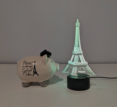 Paris Piggy Bank and 3D Eiffel Tower Laser Cut Precision LED Lights