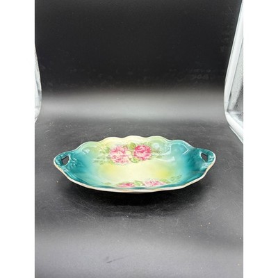 Vintage Mignon ZS&Co Bavaria Porcelain Trinket Dish Teal Pink Rose Floral Oval