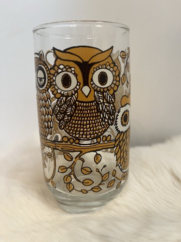 VINTAGE 1970's 5" Whimsical Brown Yellow Owl Drinking Glass Tumbler Barware Bird - Picture 3 of 10