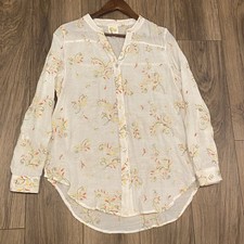 Fig and Flower Womens White Embroidered Button Up Blouse Roll Tab Sleeve Size M