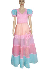 Loveshackfancy Floral Lace Puff Sleeve Rainbow Sheer Maxi Barbie Dress New XS