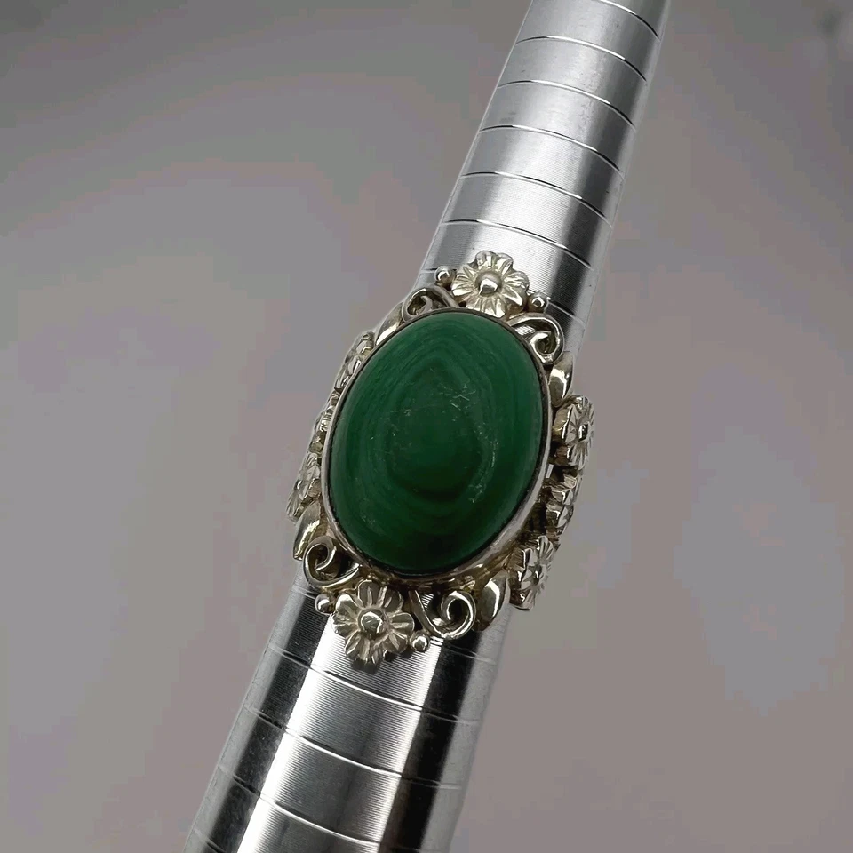 Anillo De Colección Nepal 925 Plata Esterlina Y Piedra Malaquita Anillo Talla 8 EE. UU. Foto 4 de 4