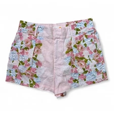 C&C California 100% Linen Baby Pink Floral High Waisted Shorts Elastic Band XL